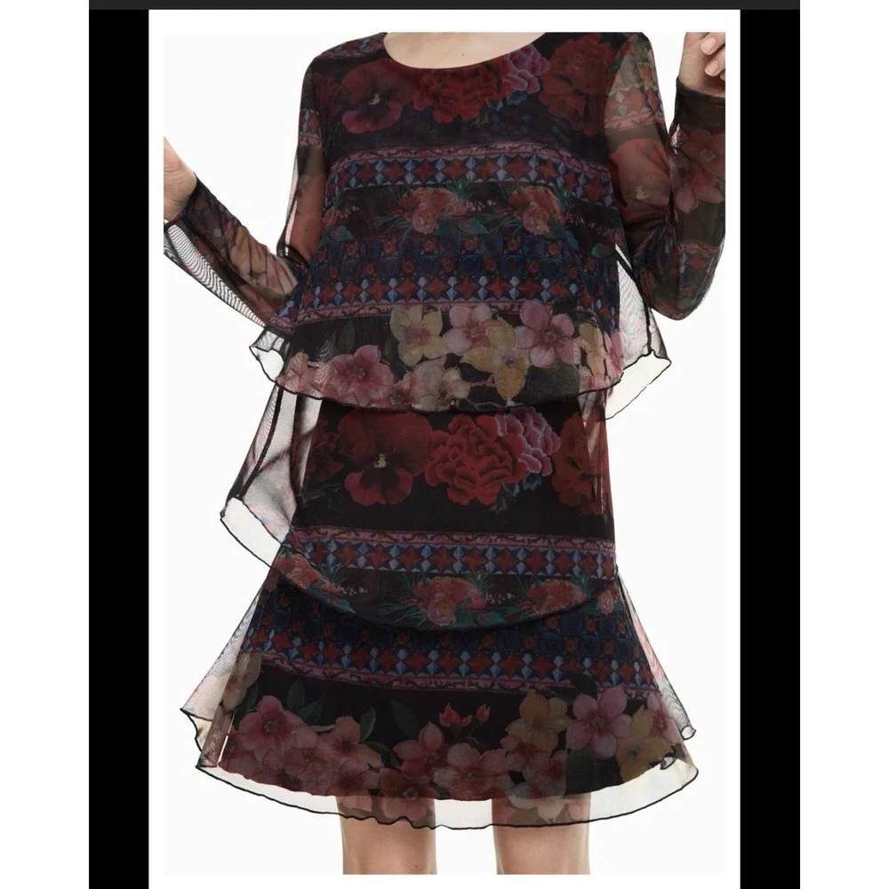 Desigual Logan Floral Mesh Layered Mini Dress Size M Long Sleeve Boho Artsy